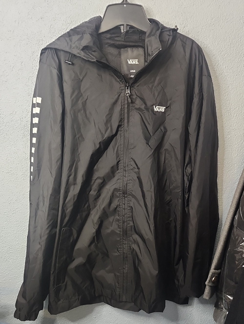 Vans Black Hooded Windbreaker with Checker Sleeve Detail